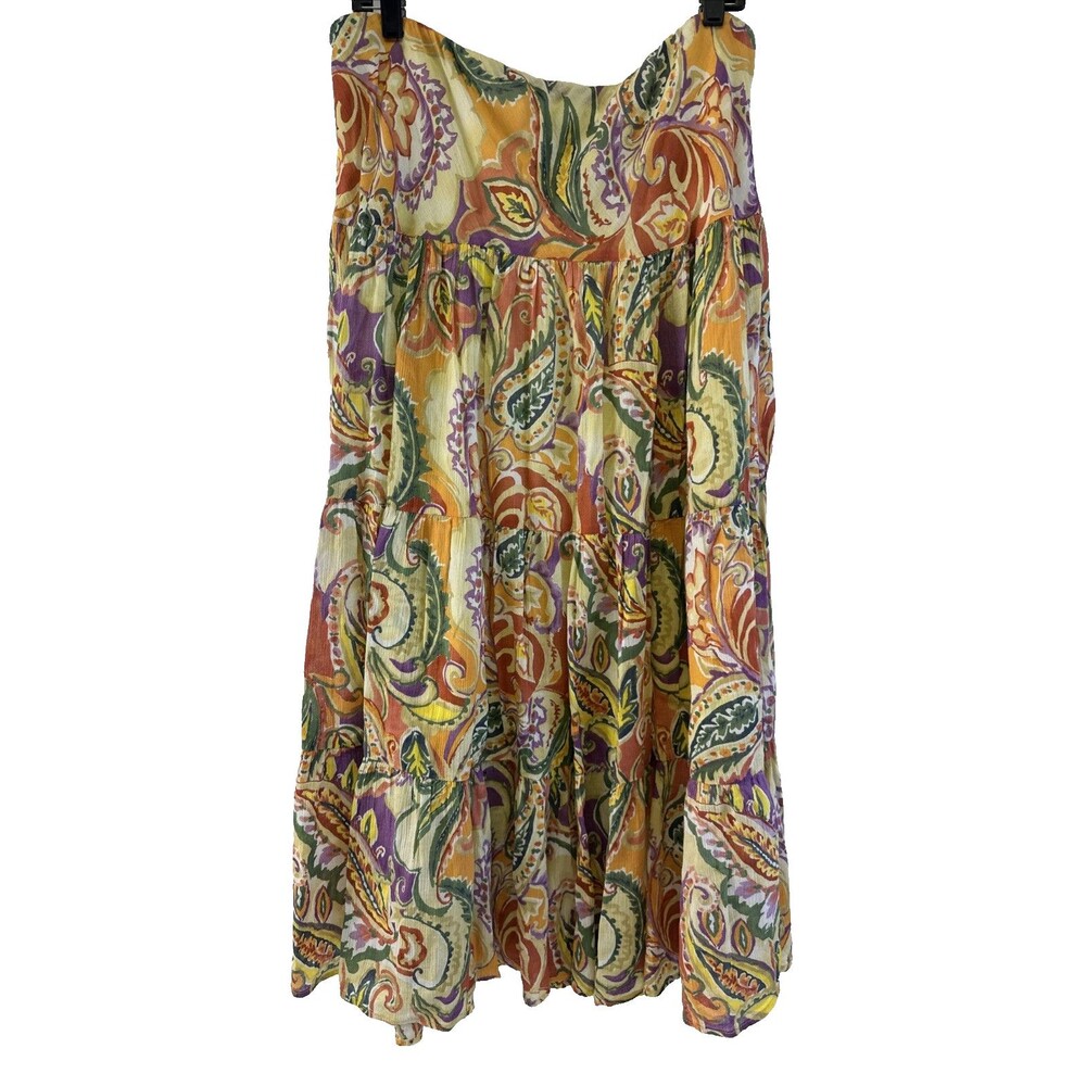 Chaps Maxi Skirt Multicolored Floral Paisley Tiered Cotton Elastic Boho Women XL